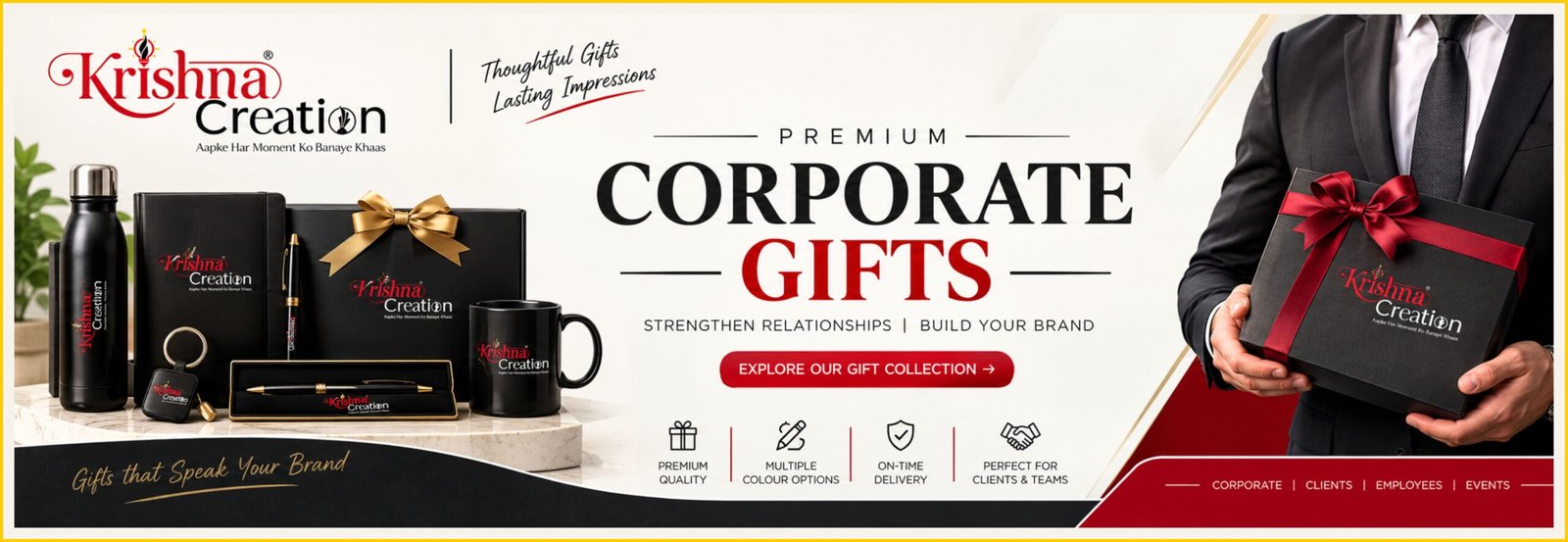 Premium corporate gifts banner by Krishna Creation showing a man in a business suit holding a black gift box with a red bow alongside a branded steel bottle, mug, diary, pen, and keychain.