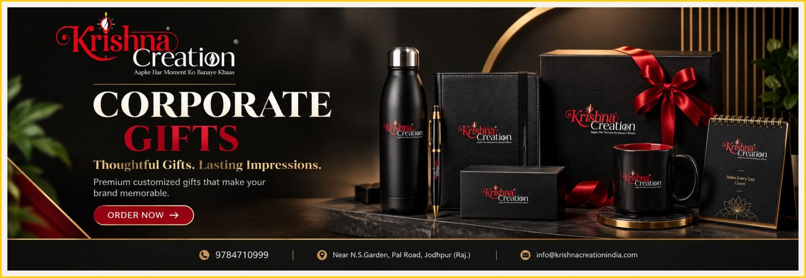 Premium corporate gifts banner by Krishna Creation Jodhpur featuring custom-branded matte black corporate gift items including a bottle, diary, pen, cardholder, mug, and desk calendar.