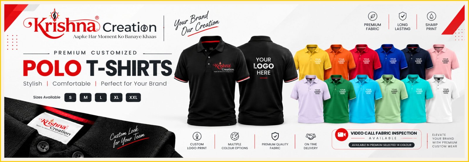 Premium customized polo t-shirts in multiple colors for corporate branding by Krishna Creation.
