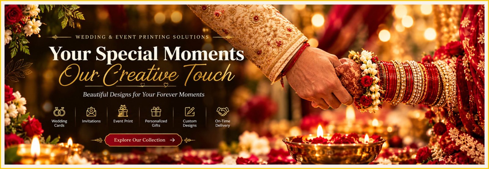 Custom wedding invitation and event print solutions banner by Krishna Creation.