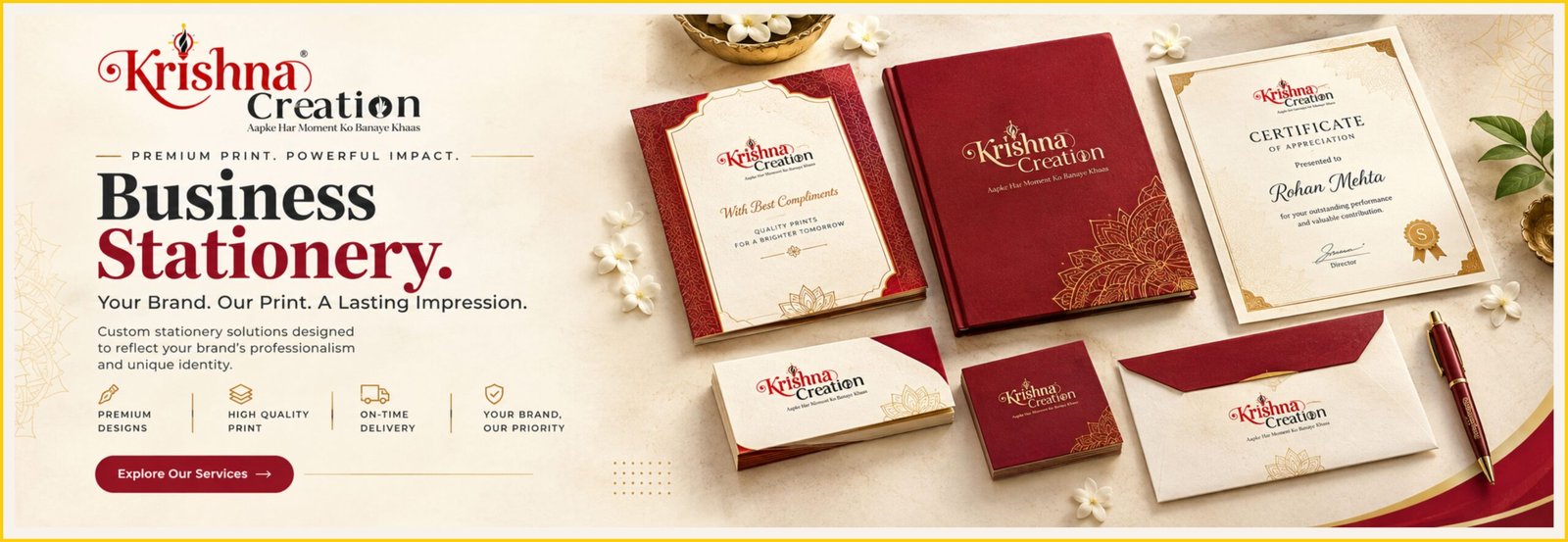 Premium business stationery collection by Krishna Creation including branded notebooks and corporate certificates.