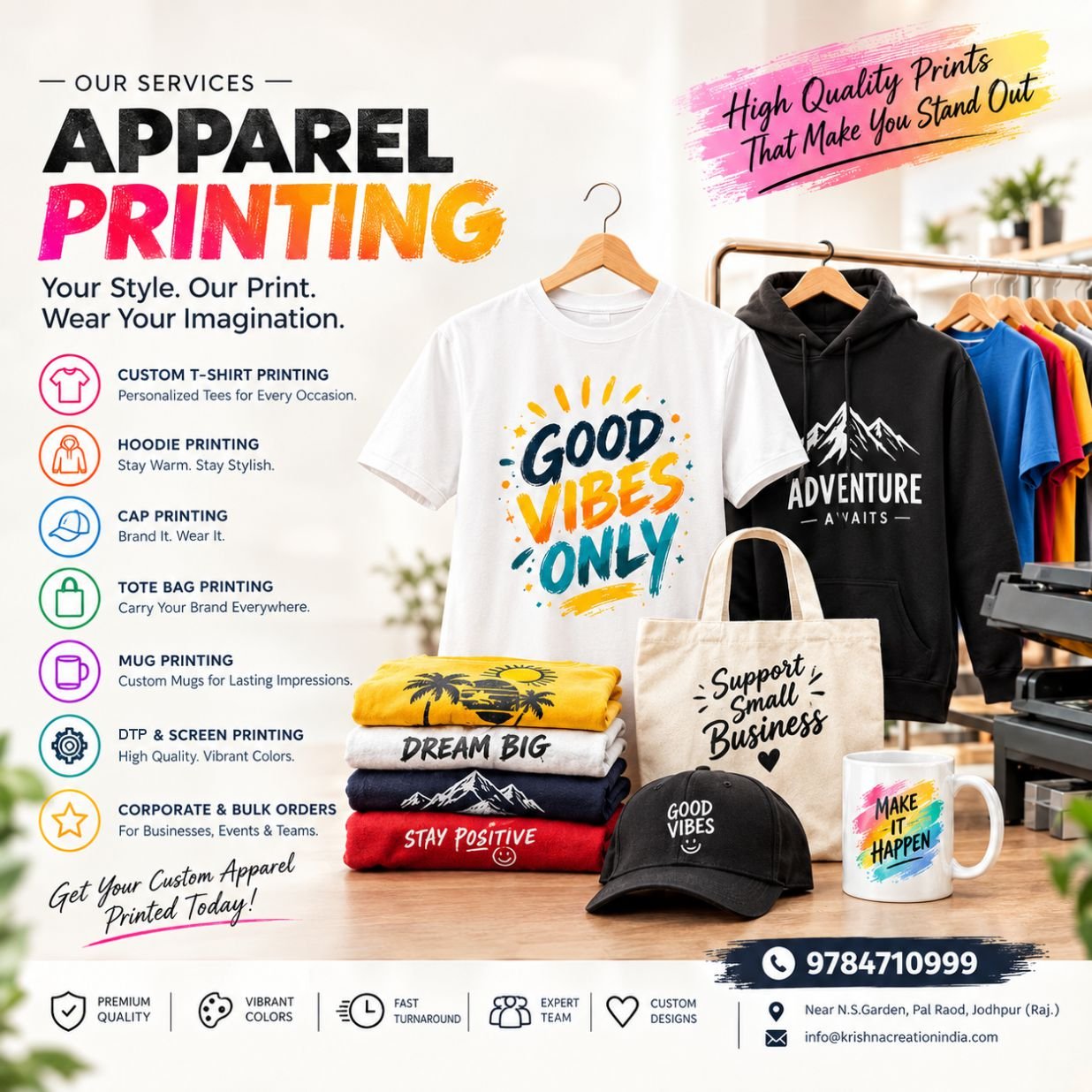 Custom t-shirt printing and merchandise brand solutions by Krishna Creation Jodhpur featuring screen-printed corporate hoodies, promotional tote bags, printed mugs, and bulk uniform orders.