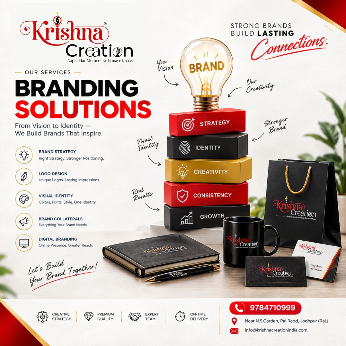 Branding solutions promotional banner by Krishna Creation in Jodhpur, showcasing services like brand strategy, logo design, visual identity development, digital branding, and branded corporate merchandise.