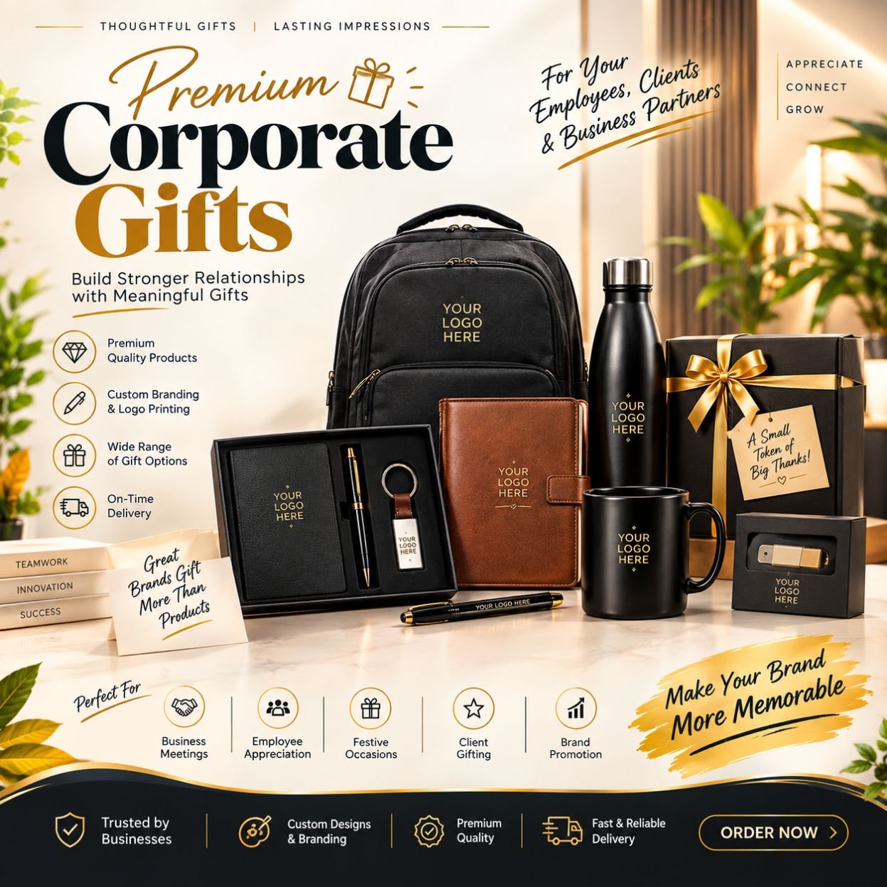 Corporate gifting promotional banner by Krishna Creation in Jodhpur, showcasing custom-branded employee gifts including backpacks, insulated water bottles, diary gift sets, keychains, and pens with logo placement placeholders.