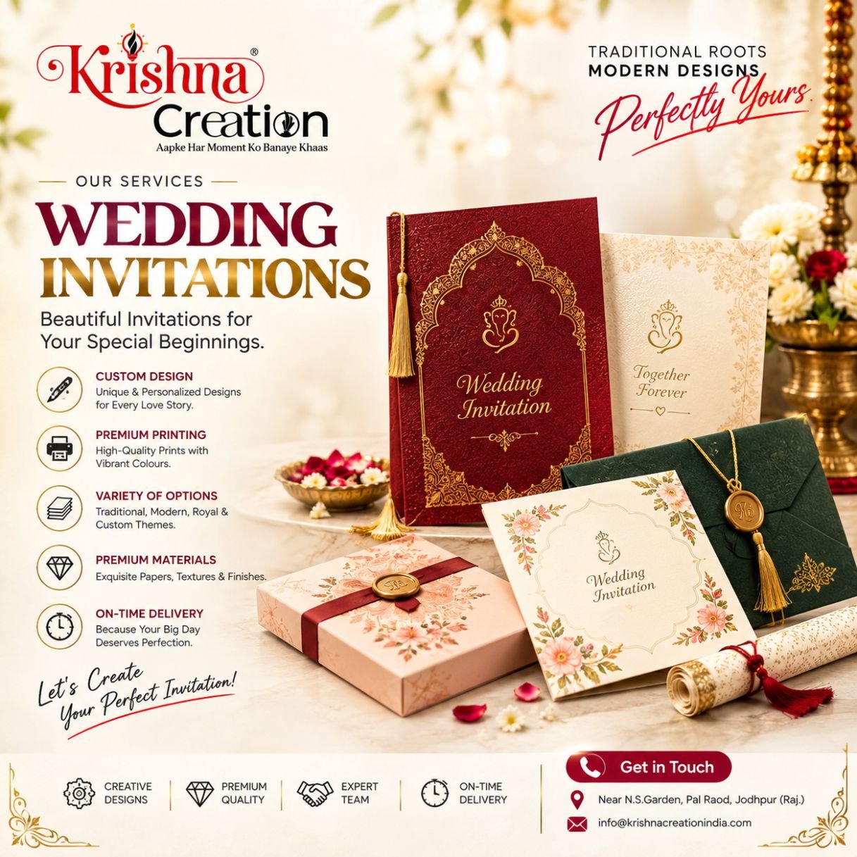Promotional banner for customized wedding invitations by Krishna Creation in Jodhpur, showcasing premium traditional and modern card designs with intricate patterns and elegant packaging boxes.
